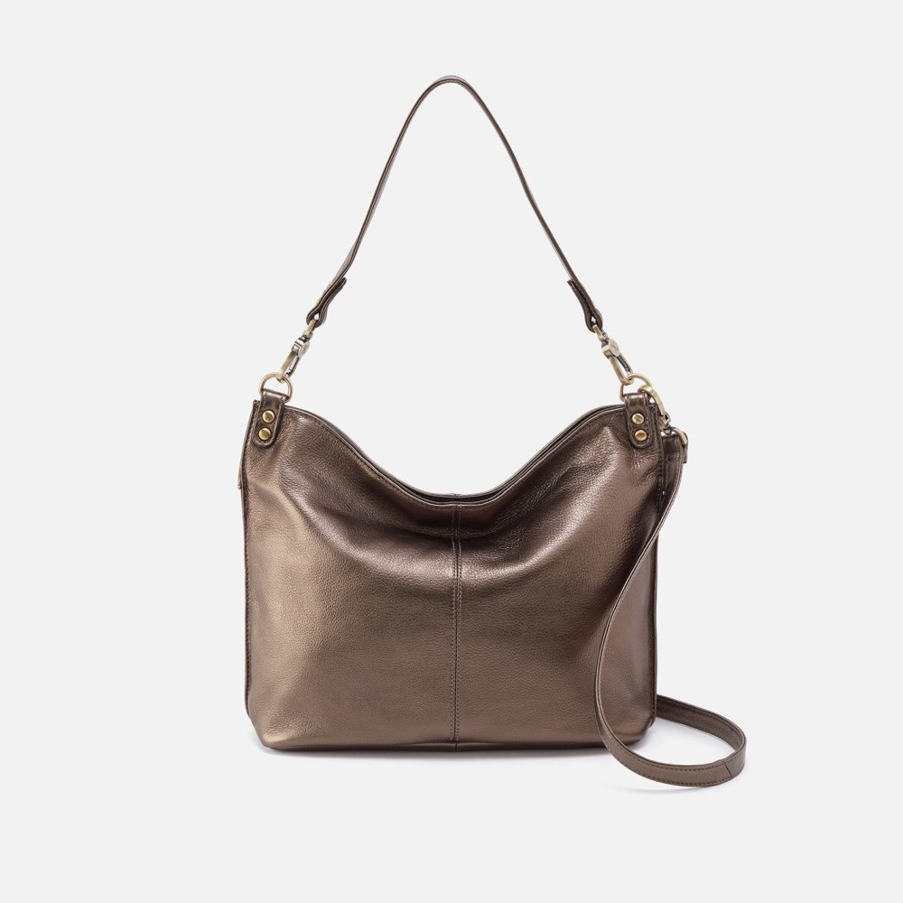 Hobo | Pier Shoulder Bag in Pebbled Metallic Leather - Pewter