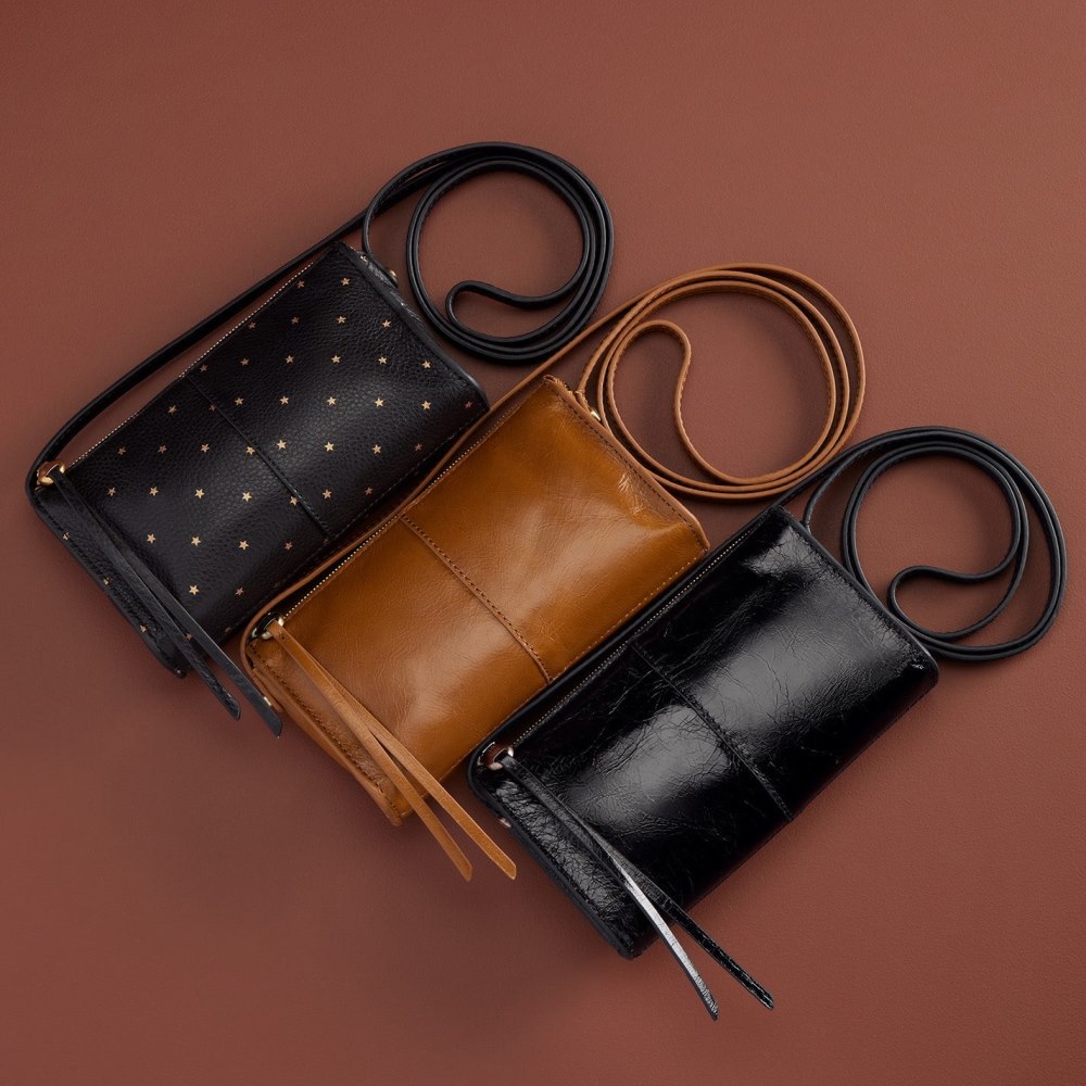 Hobo | Jewel Crossbody in Pebbled Leather - Black and Gold Stars